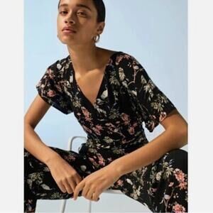 Banana Republic Black Jumpsuit with Crane Bird and Floral Design, Size 4